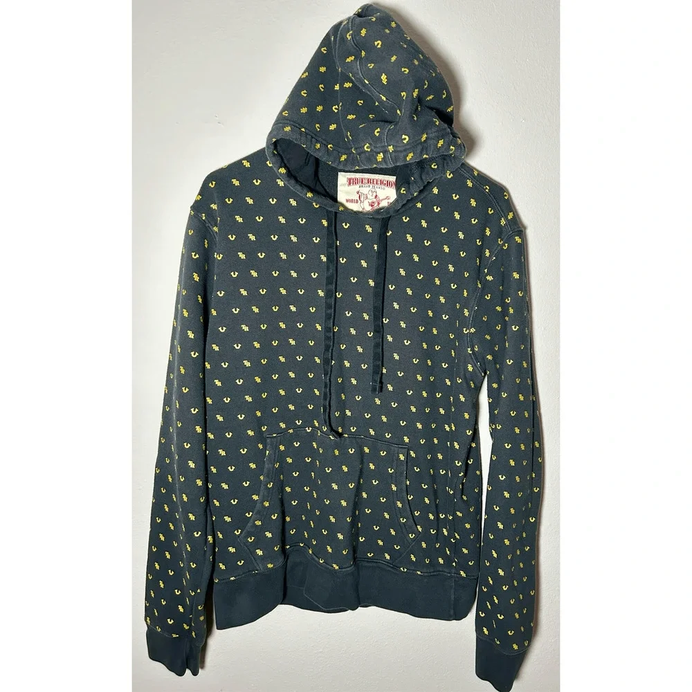 TRUE RELIGION Men's TR Black Monogram Pullover Sweatshirt Hoodie Size Medium